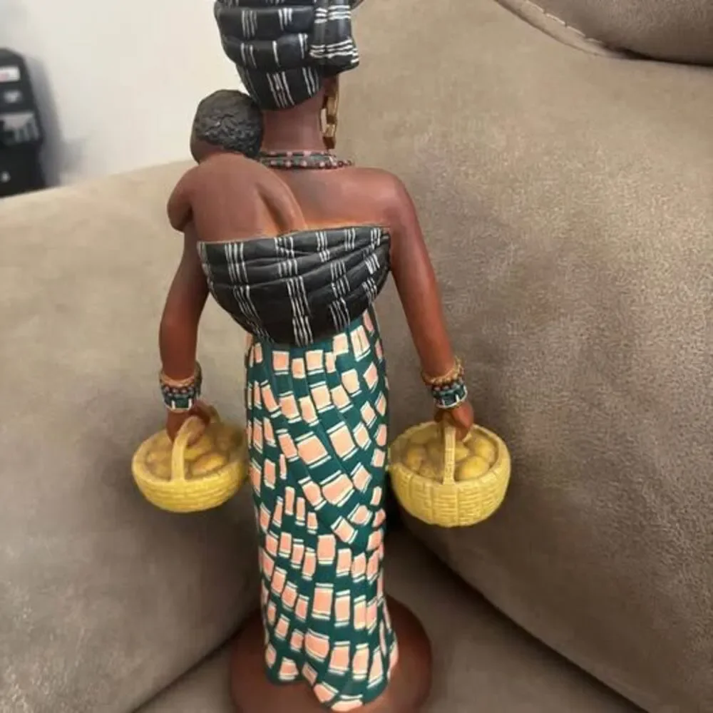 African Mother & Child Figurine with Baskets – Colorful Tribal Style Decor